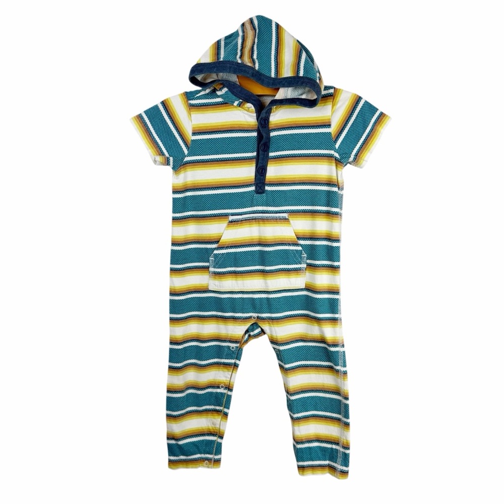 Tea Hooded Stripe Cotton Romper Short Sleeves Long Pants Size 12-18 Months